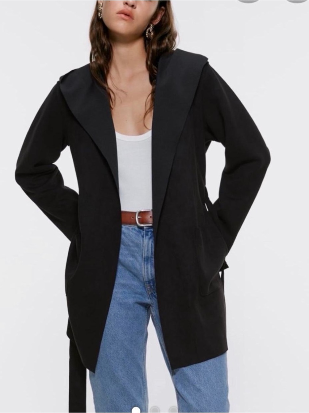 Zara Black Hooded Open-Front Faux Suede Trench Coat